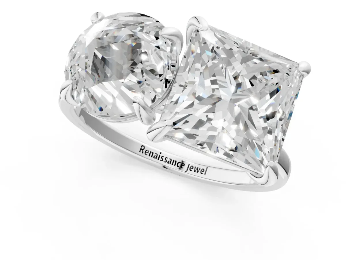 Round and Princess Toi Moi Ring with Prong Setting and Plain Band Silver