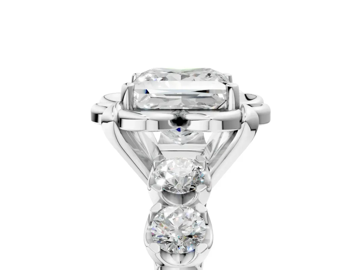 Princess Cut Cut Diamond Floral Halo Engagement Ring with Shared Prong Setting Silver