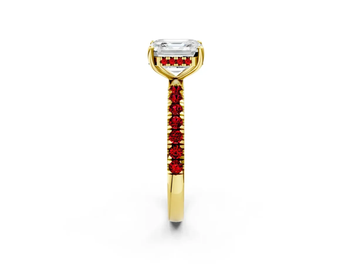 Asscher Cut Diamond Pave Band Solitaire Ring with Round Ruby and Prong Setting Yellow gold