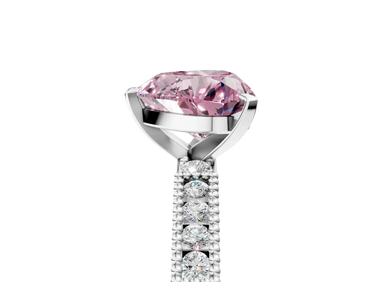 Fancy Pink Heart Cut Solitaire with Pavé Band and Four-Prong Setting Silver