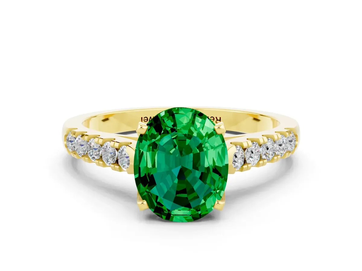 Oval Cut Emerald Pavé Band Solitaire Ring with Prong Setting Yellow gold