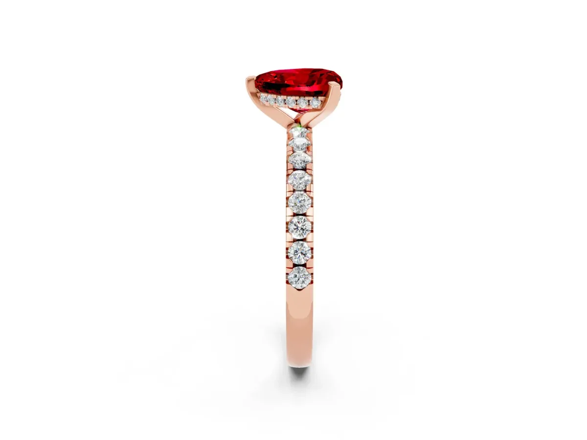 Heart Cut Ruby Solitaire Ring with Round Pavé Band and Four-Prong Setting Rose gold