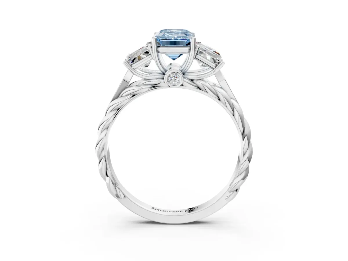 Fancy Blue Three-Stone Emerald Cut Diamond Braided Band Ring with Four-Prong Setting Platinum