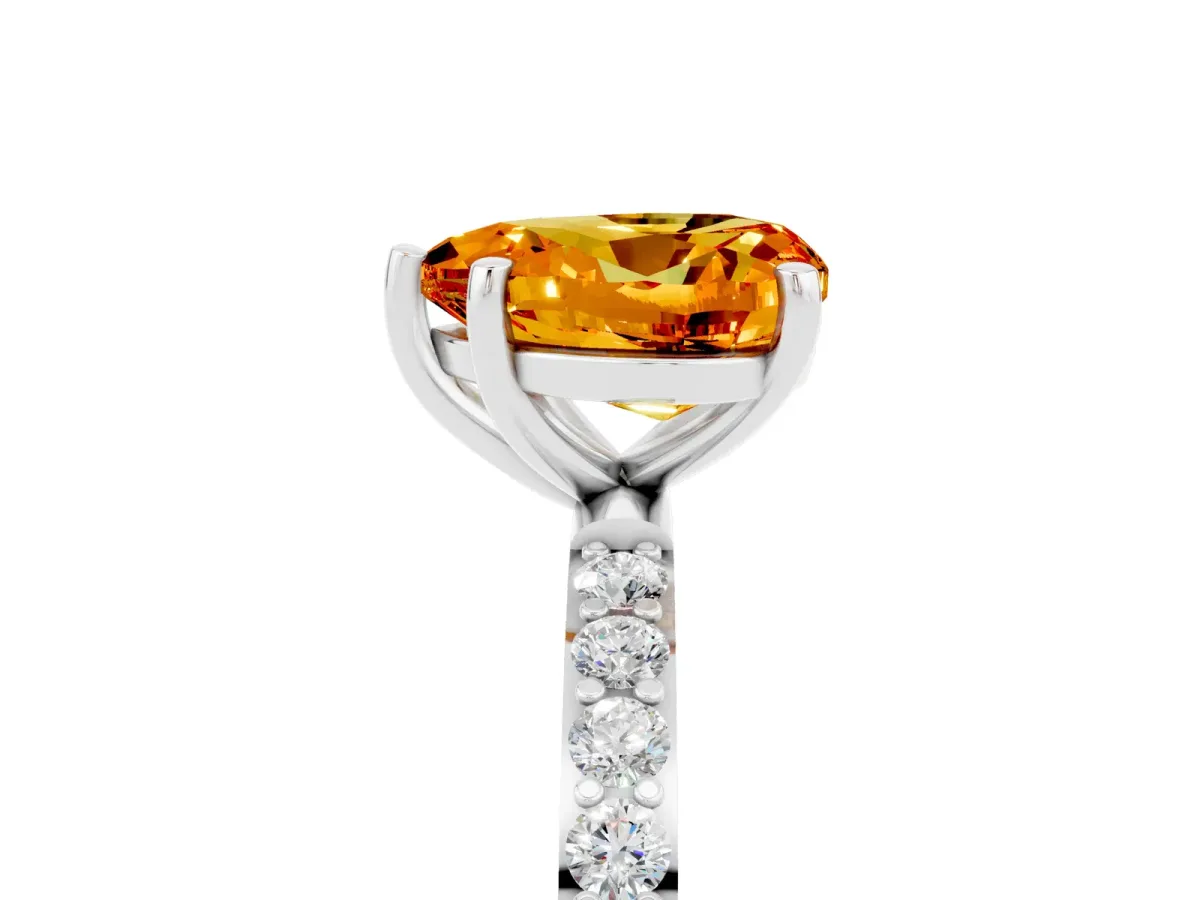 Heart Cut Citrine Solitaire Ring with Round Pavé Band and Prong Setting Silver