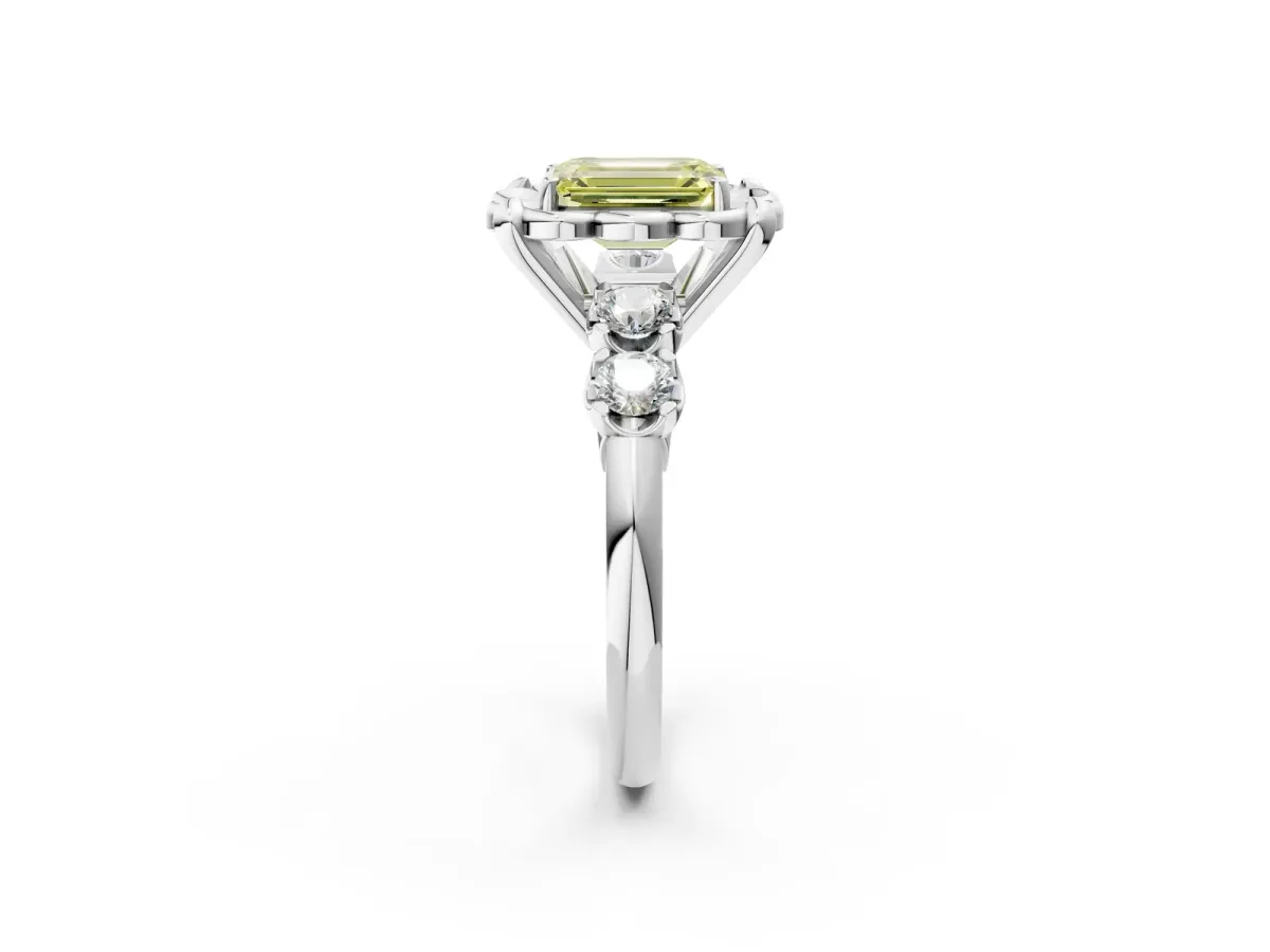 Fancy Yellow Emerald Cut Cut Diamond Floral Halo Engagement Ring with Shared Prong Setting Silver