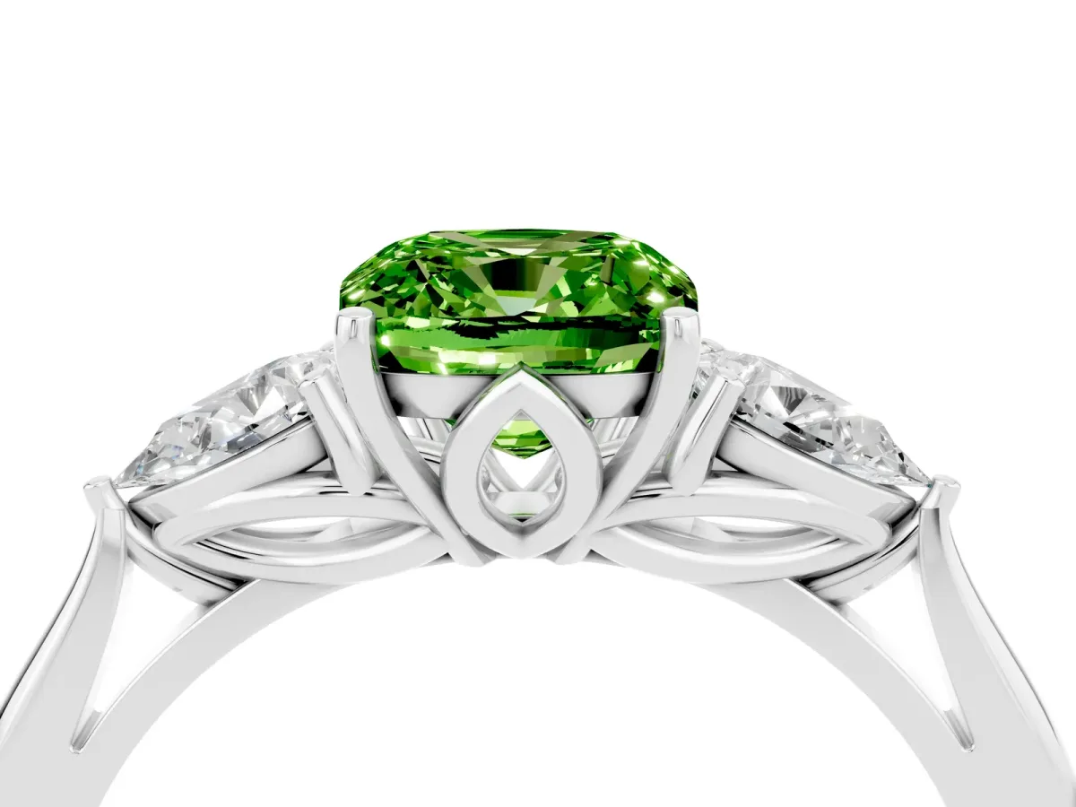 Three-Stone Cushion Cut Peridot Ring with Pear Side Stones in Four-Prong Setting White gold