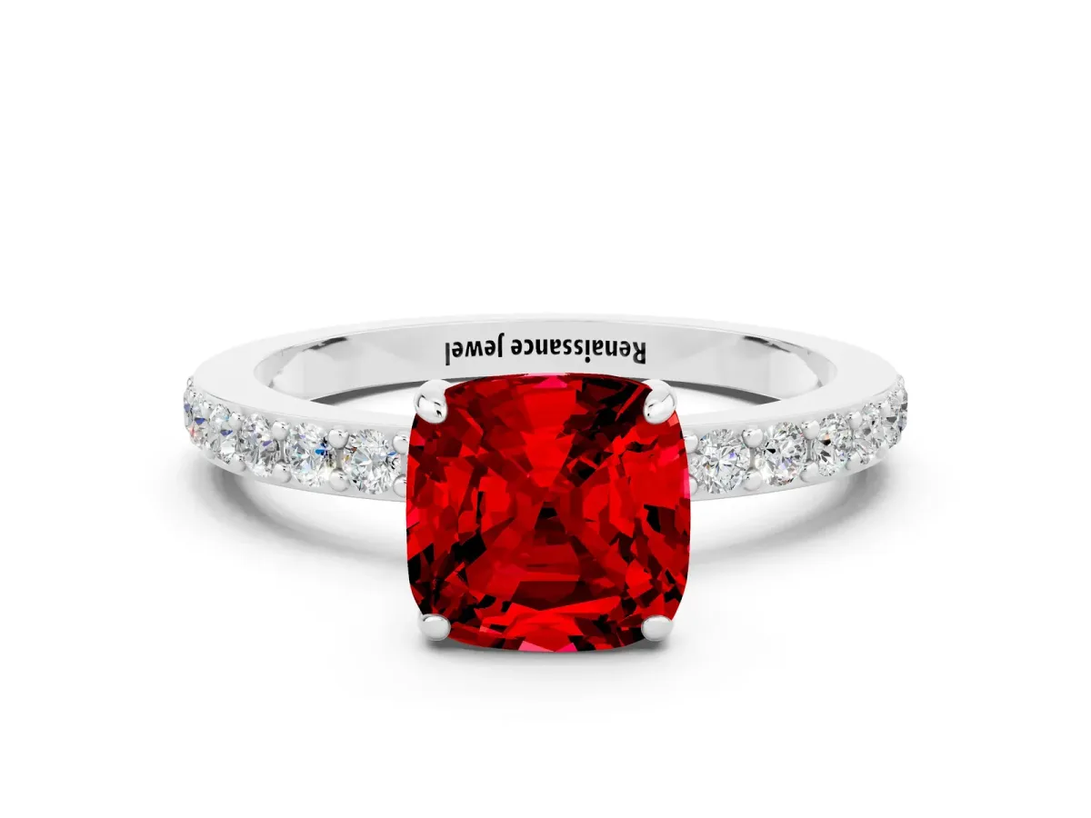 Cushion Cut Ruby Pavé Engagement Ring with Round Accents and Prong Setting Platinum