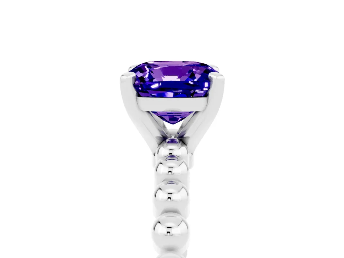 Cushion Cut Tanzanite Solitaire Ring with Beaded Band and Prong Setting Silver