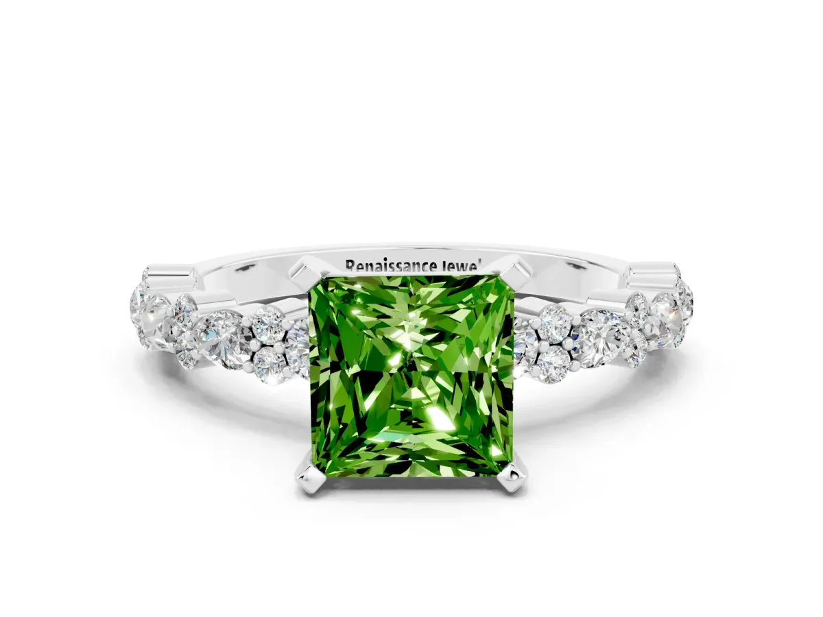 Princess Cut Peridot Side Stone Solitaire Ring with Round and Four-Prong Setting Platinum
