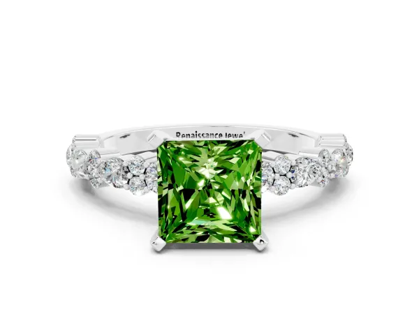 Princess Cut Peridot Side Stone Solitaire Ring with Round and Four-Prong Setting Platinum