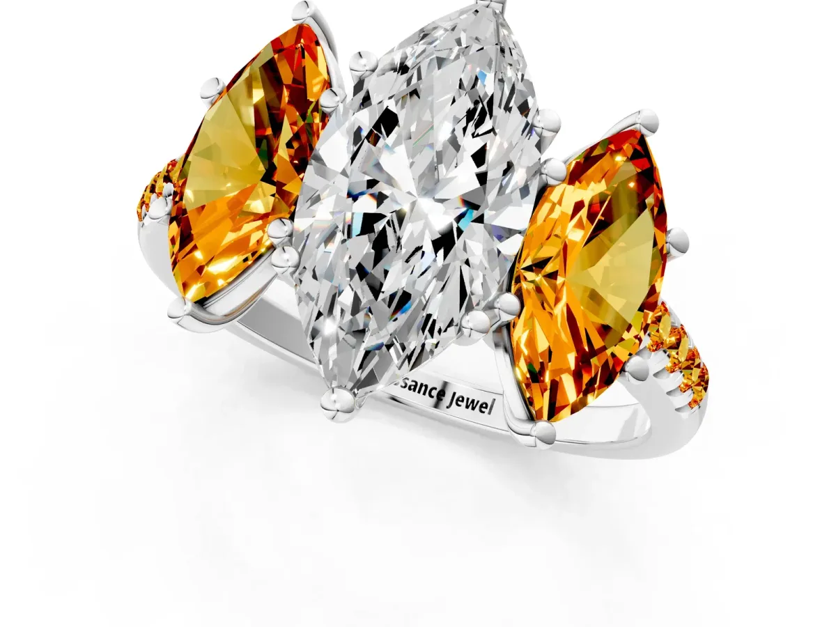 Three-Stone Marquise Cut Diamond Ring with Round Citrine Pavé Band and Prong Setting Silver