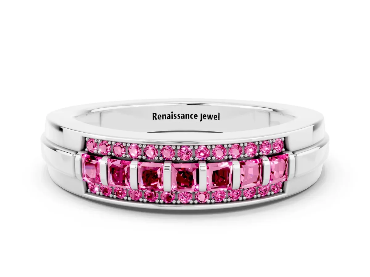 Bar-Set Princess Cut Pink Sapphire Pavé Band Platinum