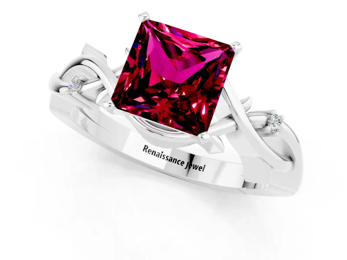 Princess Cut Garnet Solitaire Ring with Twisted Band and Prong Setting White gold