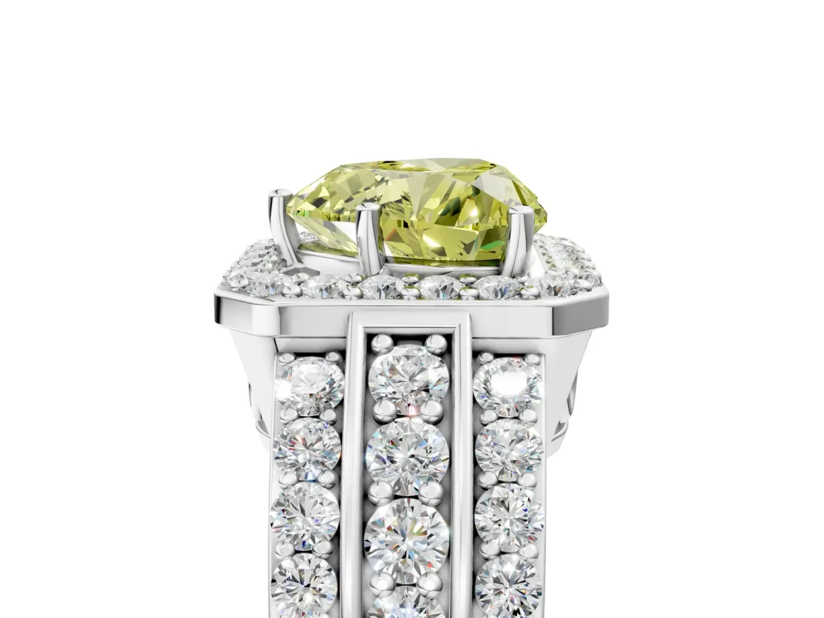 Fancy Yellow Heart Cut Halo Diamond Ring with Round Split Shank and Prong Setting Platinum