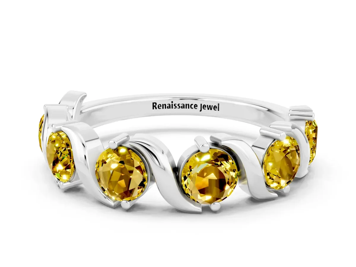 Round Yellow Sapphire Half Eternity Band with Wave Prong Setting Platinum