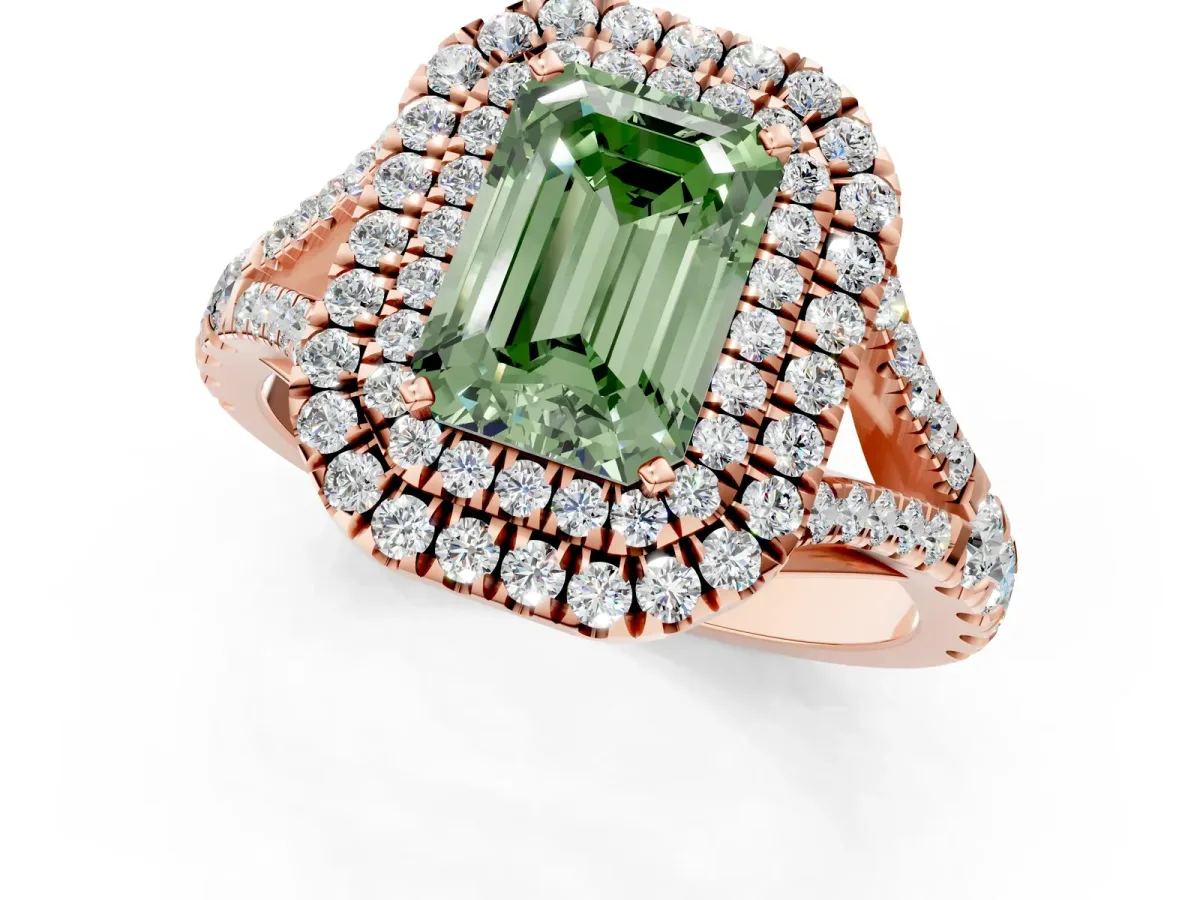 Fancy Green Emerald Cut Diamond Double Halo Ring with Split Shank and Prong Setting Rose gold