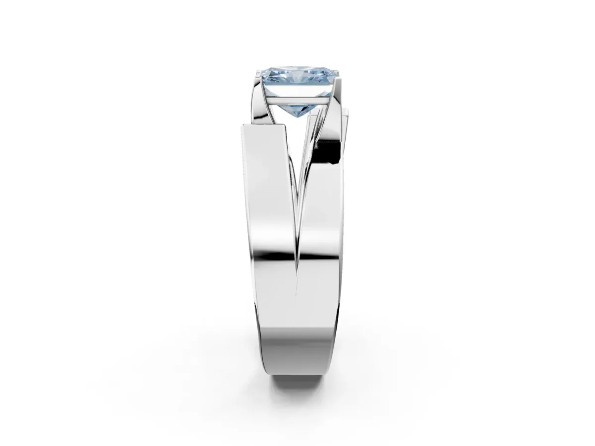 Fancy Blue Modern Tension Set Radiant Cut Diamond Solitaire Wide Band Ring Silver