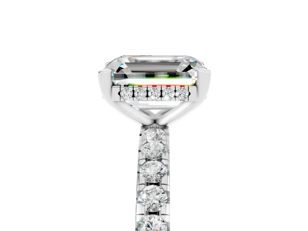 Emerald Cut Moissanite Solitaire Ring with Round Pavé Band and Four-Prong Setting Silver