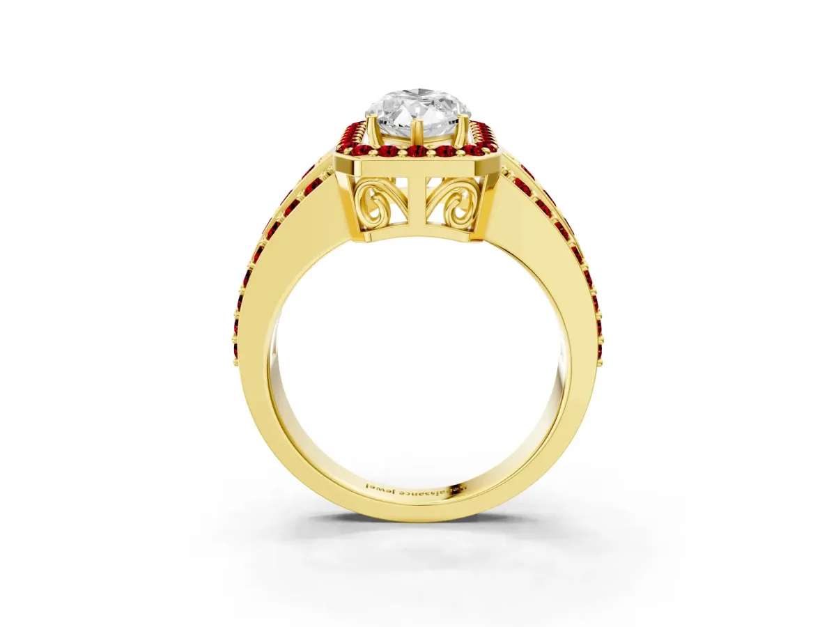 Marquise Cut Halo Diamond Ring with Round Ruby Split Shank and Prong Setting Yellow gold