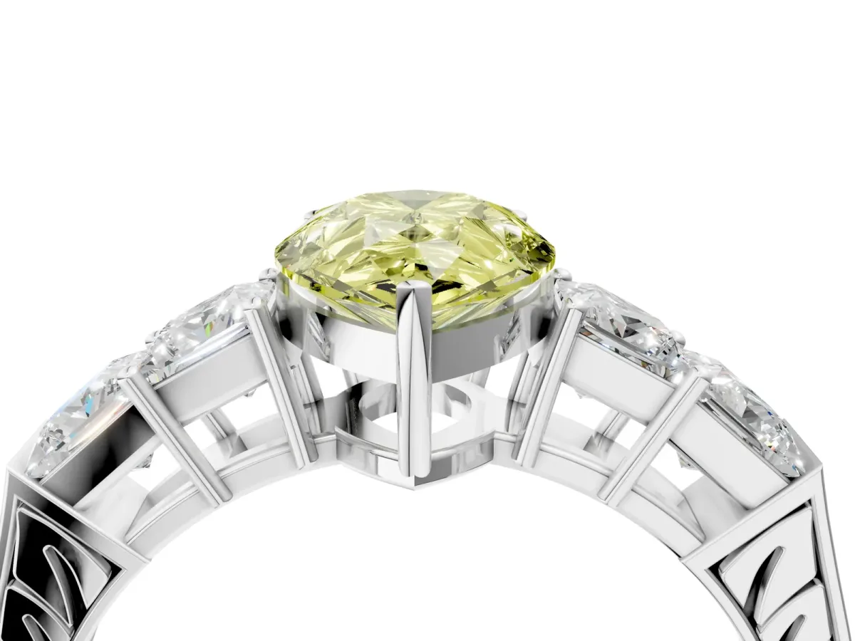 Fancy Yellow Pear Cut Solitaire Princess Side Stone Engraved Band Prong Setting Ring Silver
