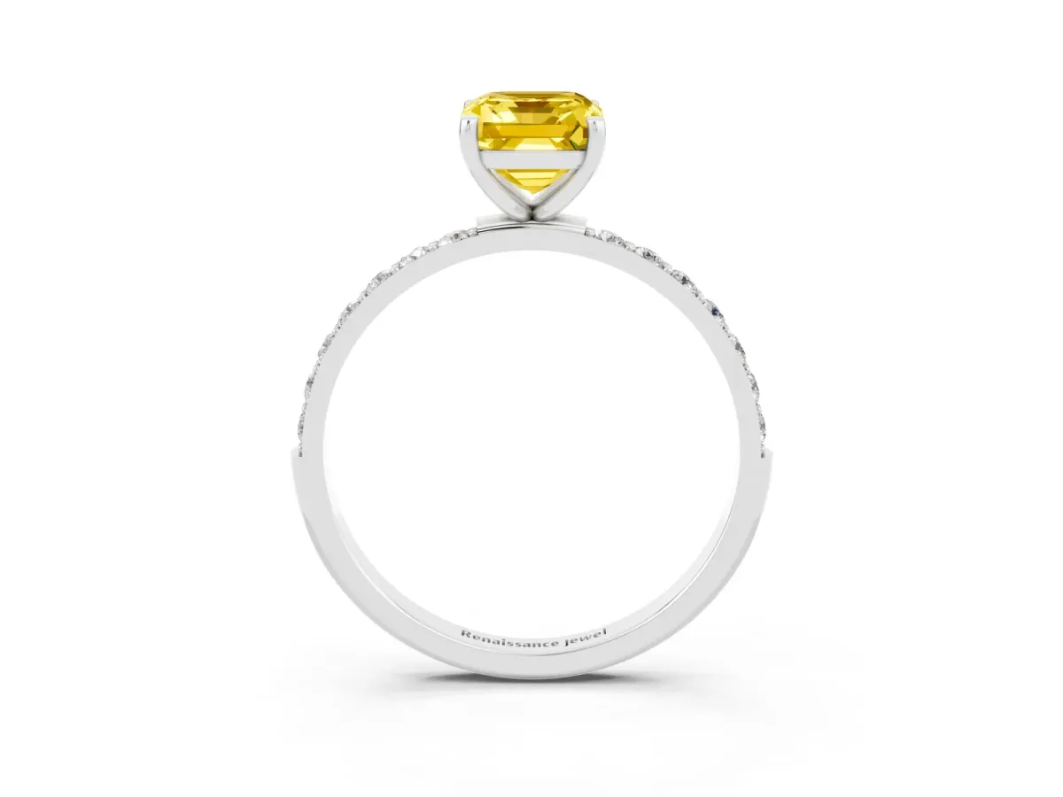 Emerald Cut Yellow Sapphire Solitaire Ring with Round Pavé Shoulders and Prong Setting Silver