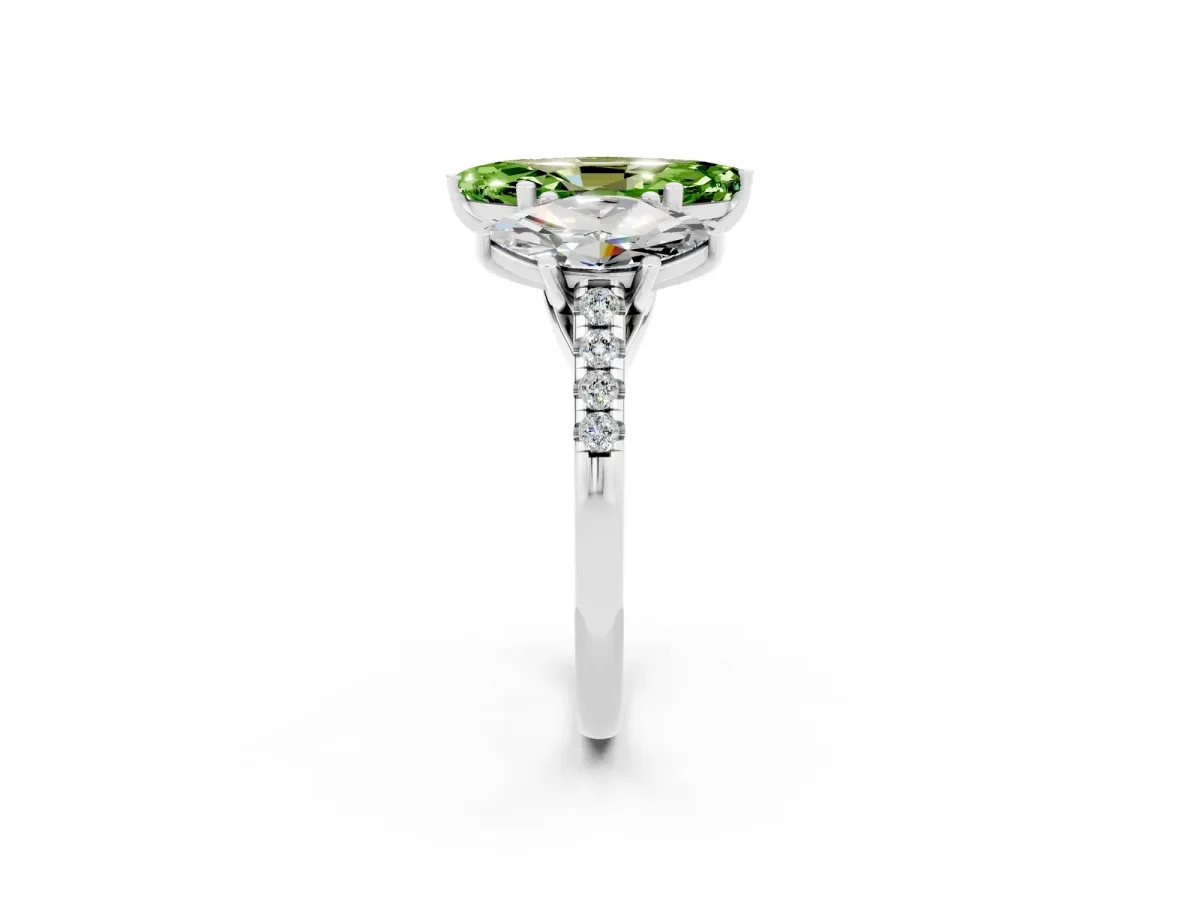 Three-Stone Marquise Cut Peridot Ring with Round Pavé Band and Prong Setting Platinum