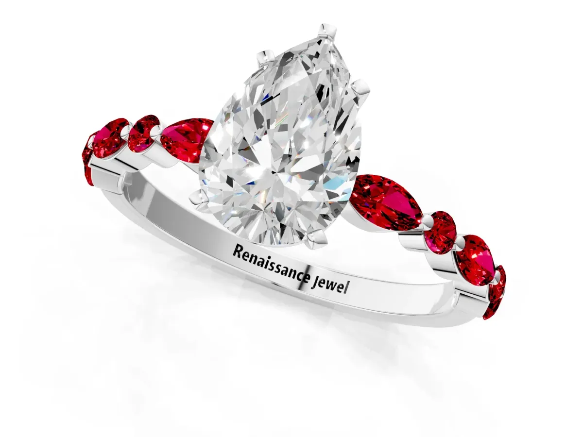 Pear Cut Diamond Ring with Marquise and Round Ruby Side Stones and Four-Prong Setting Platinum