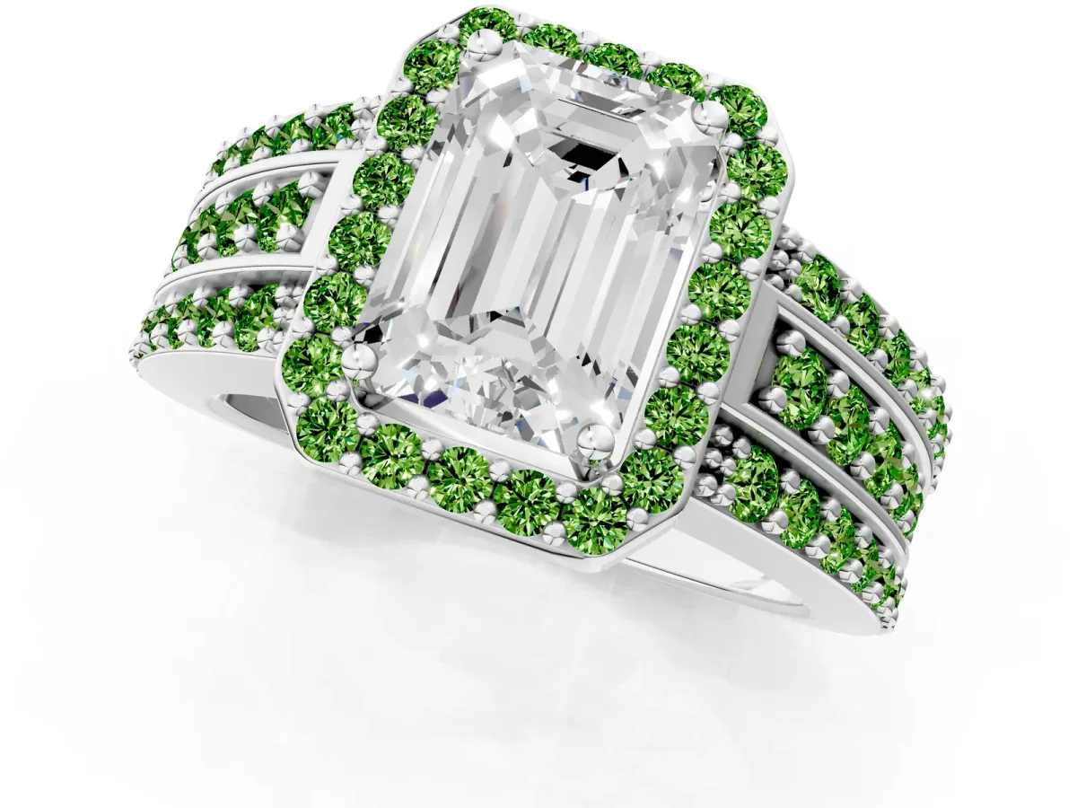 Emerald Cut Halo Diamond Ring with Round Peridot Split Shank and Prong Setting Platinum