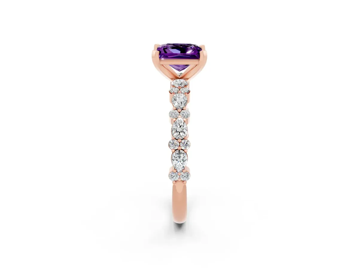 Princess Cut Amethyst Side Stone Solitaire Ring with Round and Four-Prong Setting Rose gold