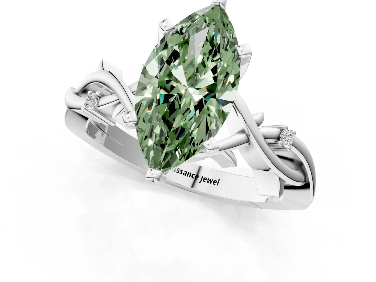 Fancy Green Marquise Cut Diamond Solitaire Ring with Twisted Band and Prong Setting Silver