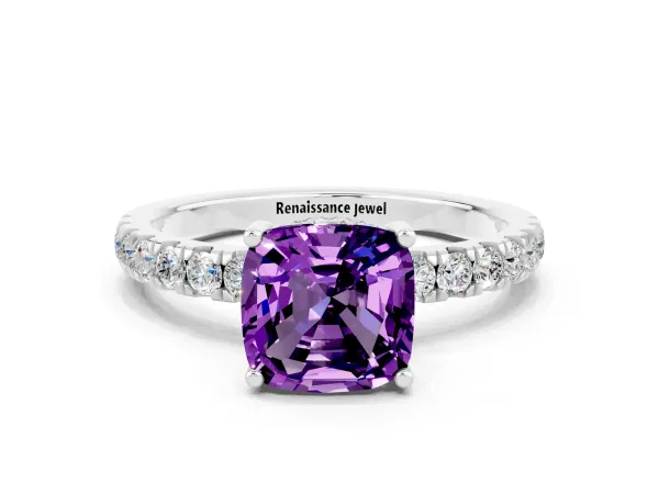 Cushion Cut Amethyst Pave Band Solitaire Ring with Round and Prong Setting Platinum