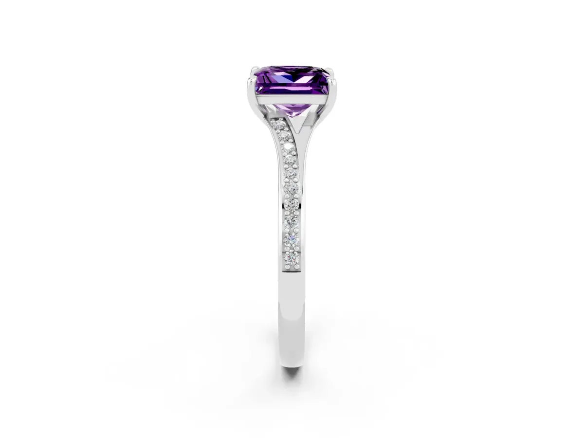 Princess Cut Amethyst Solitaire Ring with Pavé Band and Prong Setting Silver
