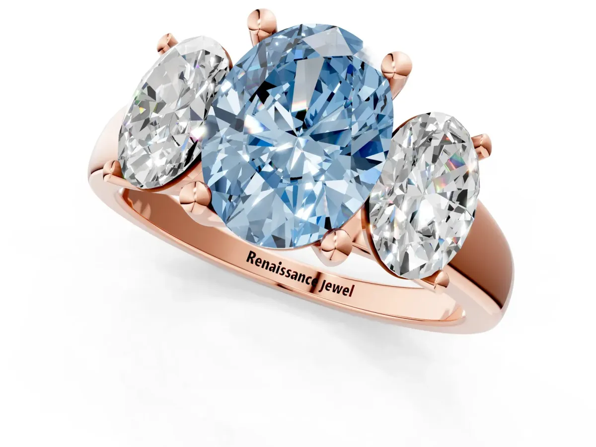 Fancy Blue Three-Stone Oval Cut Cut Solitaire Ring with Classic Prong Setting Rose gold