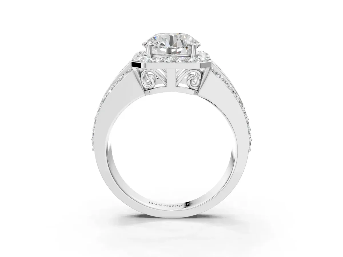 Round Cut Halo Diamond Ring with Round Tanzanite Split Shank and Prong Setting Platinum