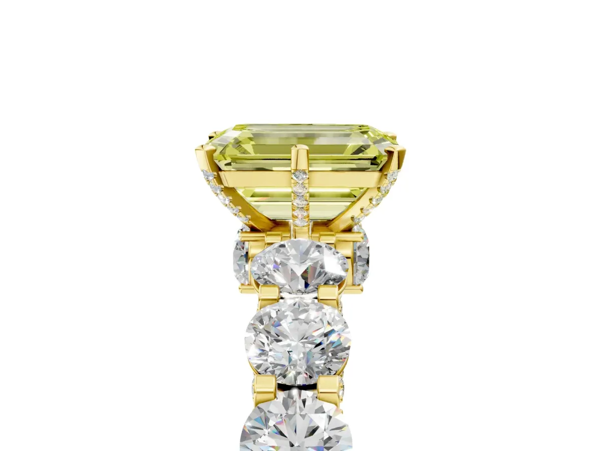 Fancy Yellow Emerald Cut Diamond Side Stone Engagement Ring with Four-Prong Setting Yellow gold