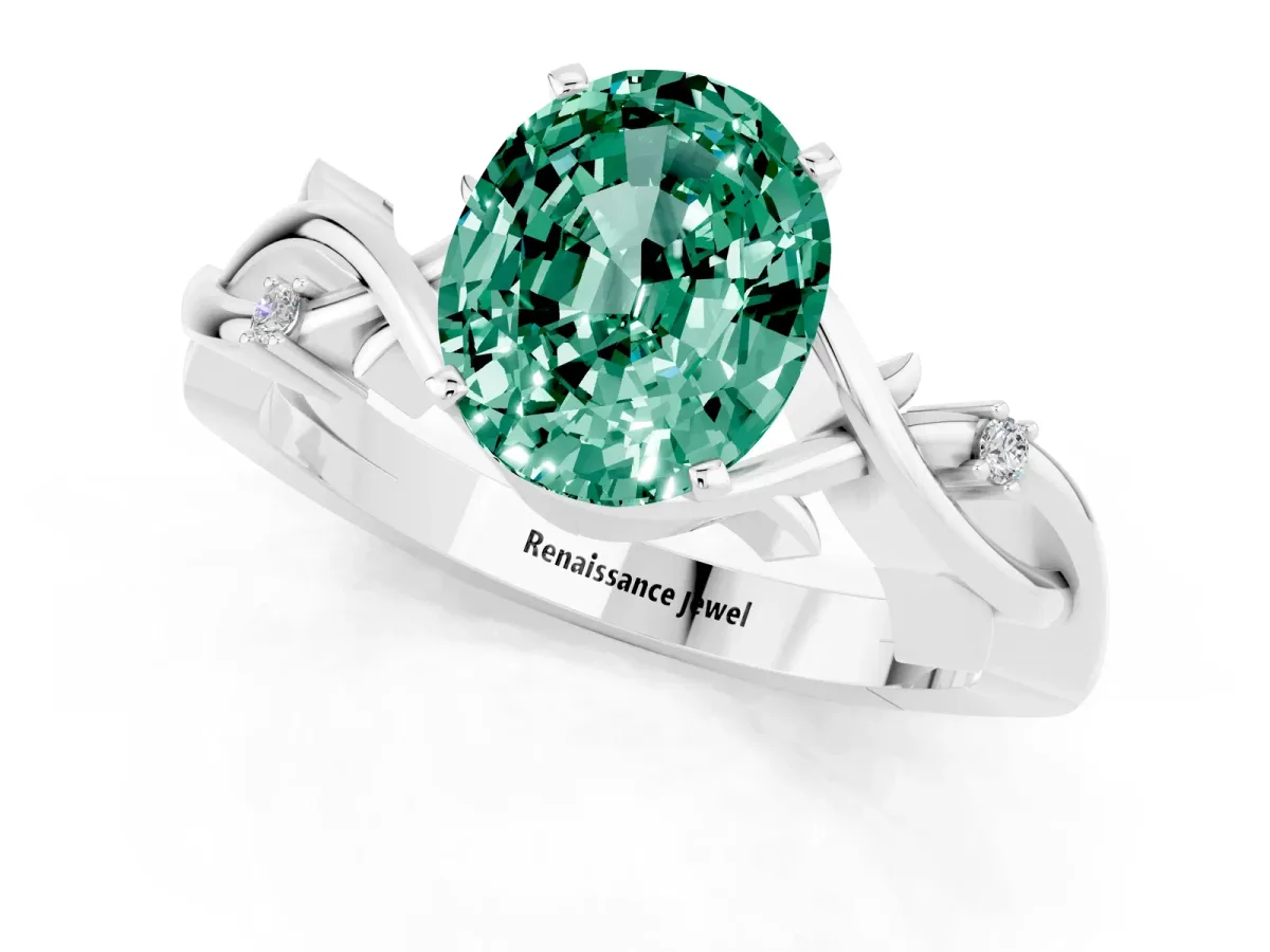Oval Cut Green Sapphire Solitaire Ring with Twisted Band and Prong Setting Silver