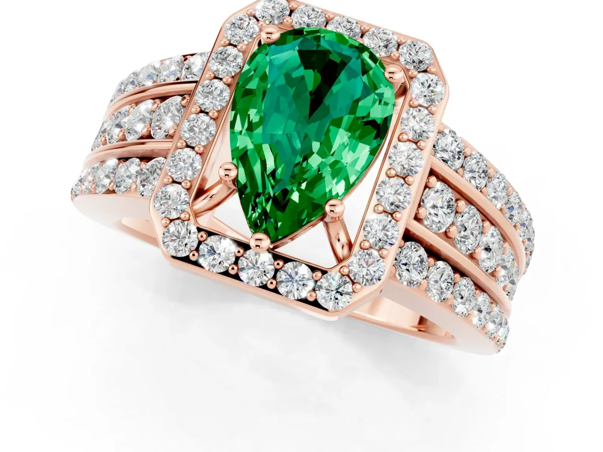 Pear Cut Halo Emerald Ring with Round Split Shank and Prong Setting Rose gold
