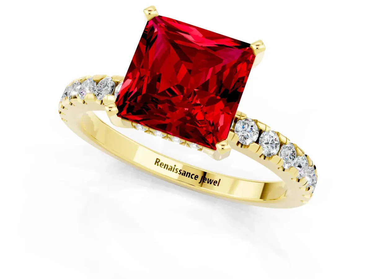 Princess Cut Ruby Solitaire Ring with Round Pavé Band and Four-Prong Setting Yellow gold