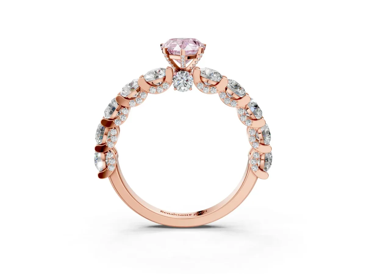 Fancy Pink Pear Cut Diamond Side Stone Engagement Ring with Four-Prong Setting Rose gold