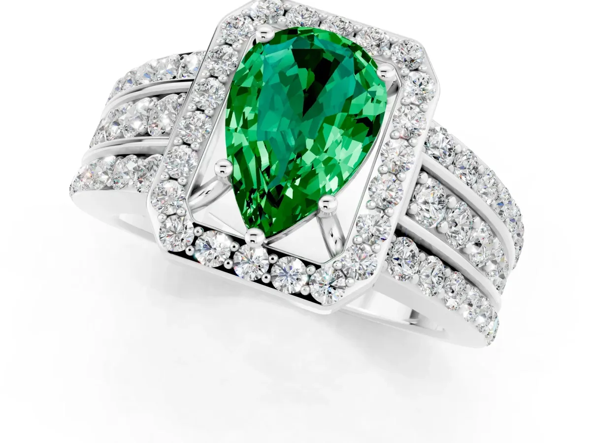 Pear Cut Halo Emerald Ring with Round Split Shank and Prong Setting Silver