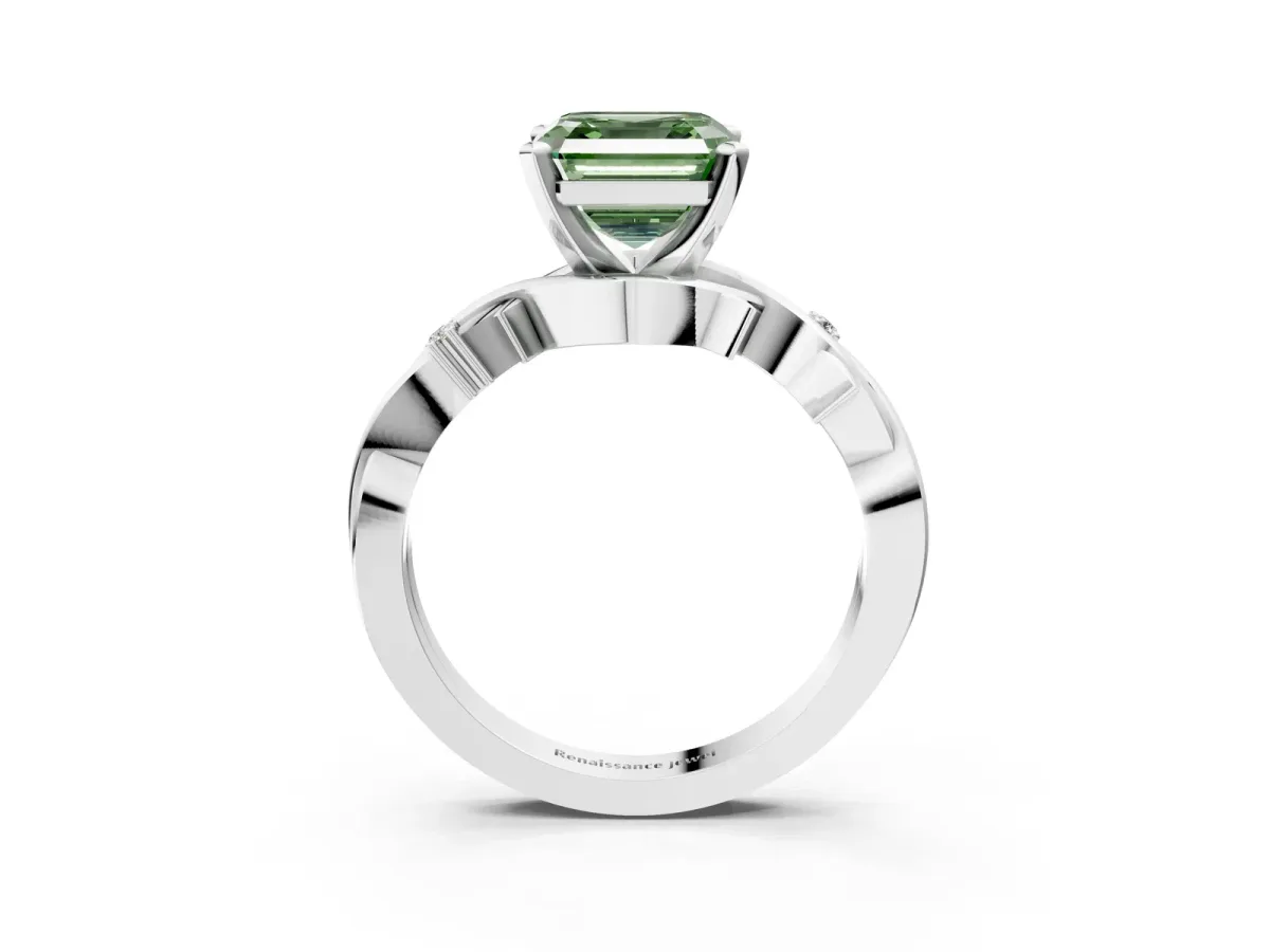 Fancy Green Asscher Cut Diamond Solitaire Ring with Twisted Band and Prong Setting Silver