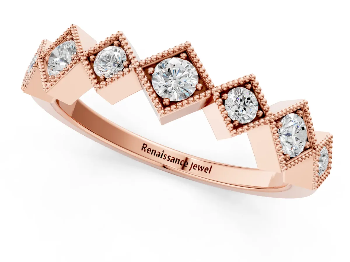 Milgrain Square Bezel Round Diamond Chevron Band Rose gold
