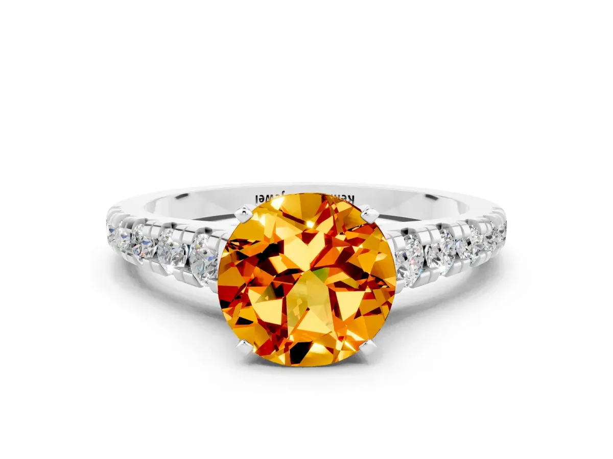 Round Cut Citrine Cathedral Solitaire Ring with Round Pavé Band Silver