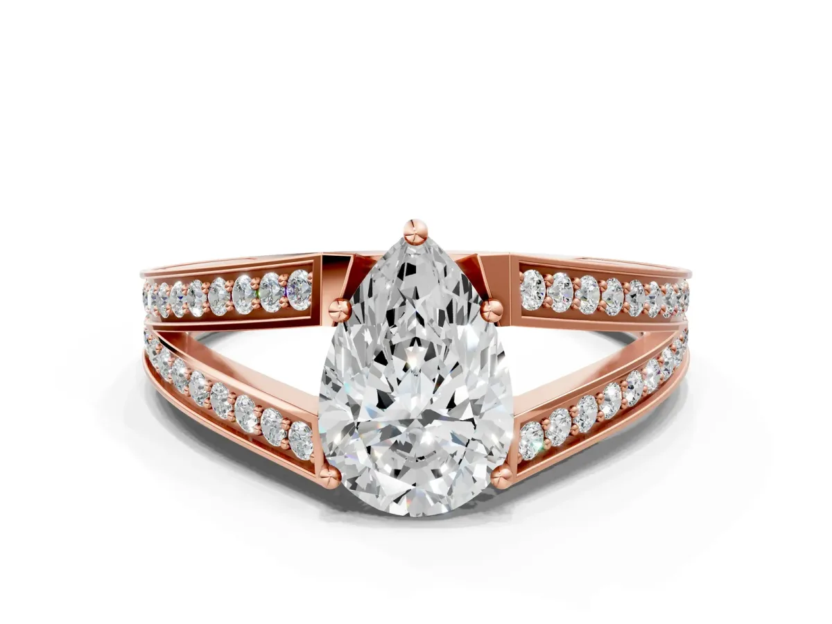 Pear Cut Diamond Split Shank Ring with Pavé Band and Four-Prong Setting Rose gold