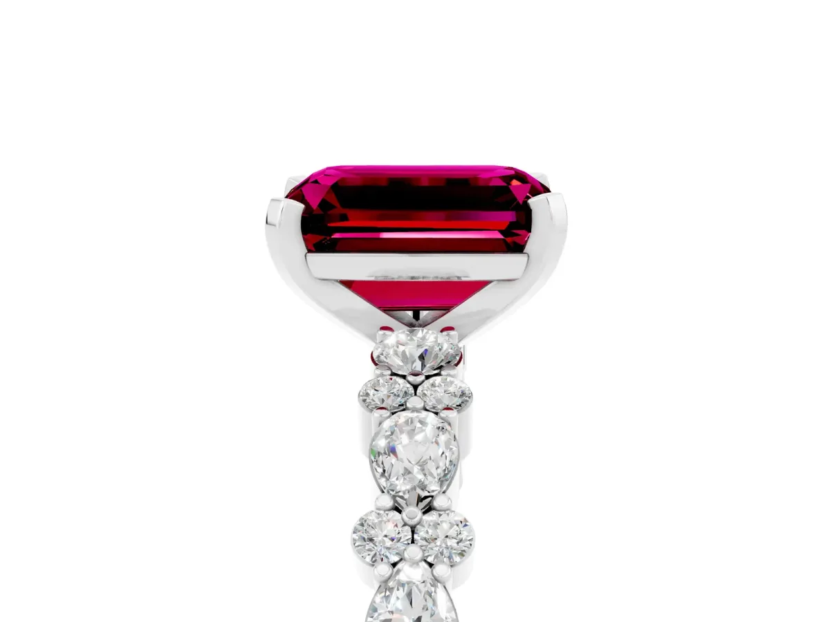 Emerald Cut Garnet Side Stone Solitaire Ring with Round and Four-Prong Setting White gold
