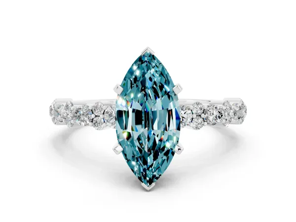 Marquise Cut Blue Topaz Side Stone Solitaire Ring with Round and Four-Prong Setting White gold