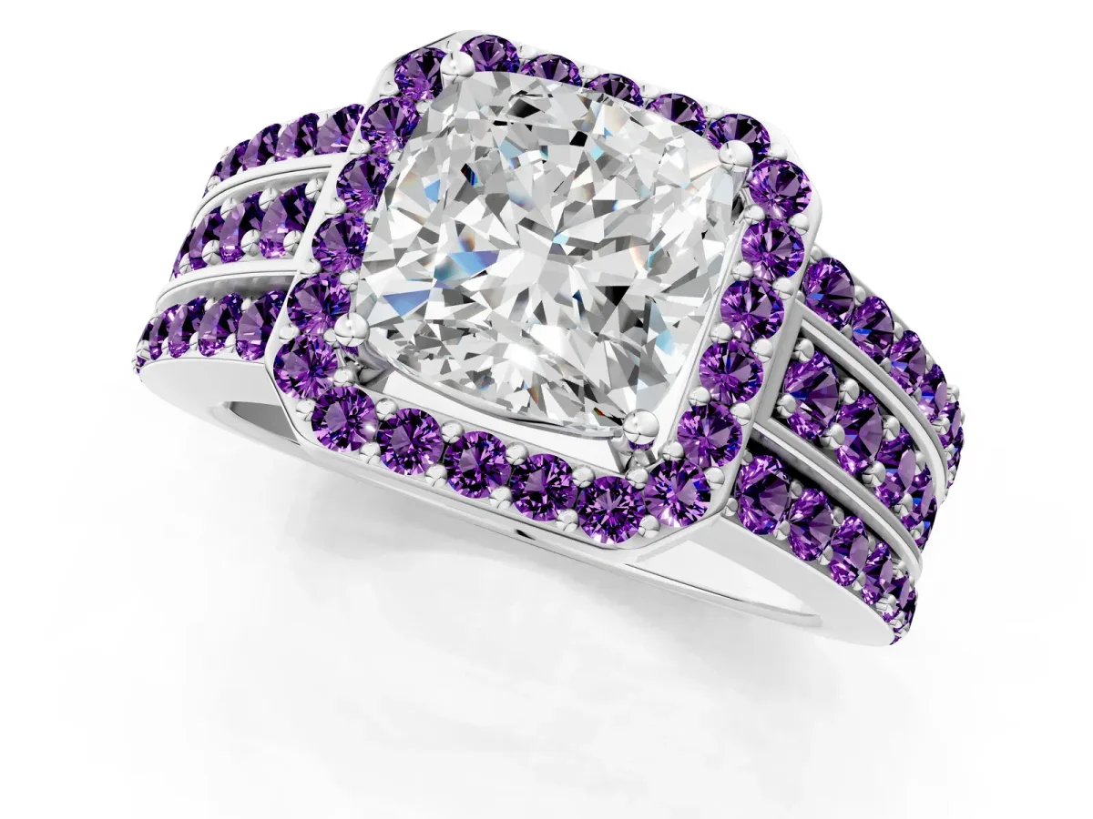 Cushion Cut Halo Diamond Ring with Round Amethyst Split Shank and Prong Setting Silver