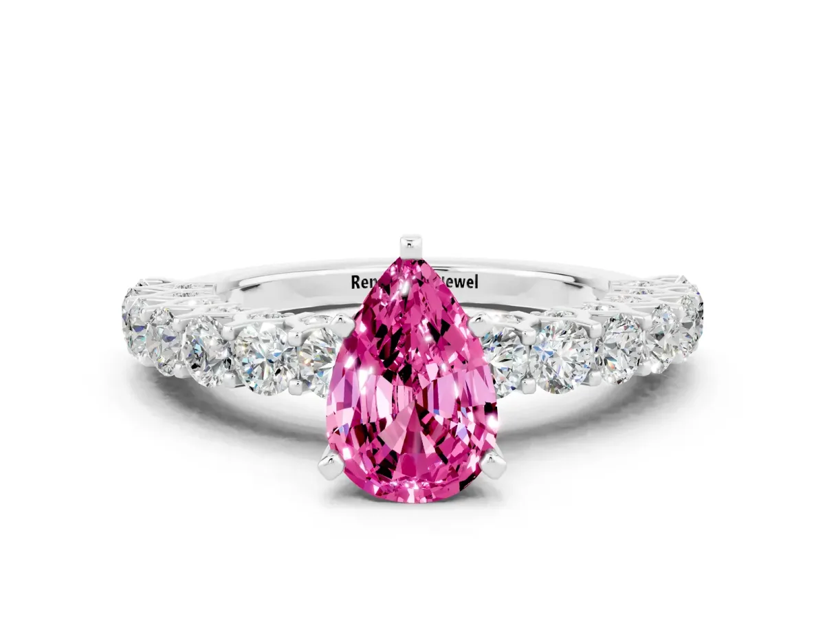 Pear Cut Pink Sapphire Solitaire Ring with Shared Prong Pavé Band and Four-Prong Setting Silver