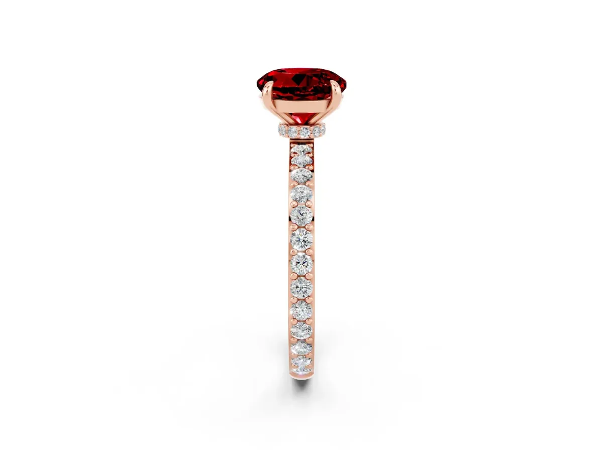 Round Cut Ruby Solitaire Engagement Ring with Pavé Band and Four-Prong Setting Rose gold