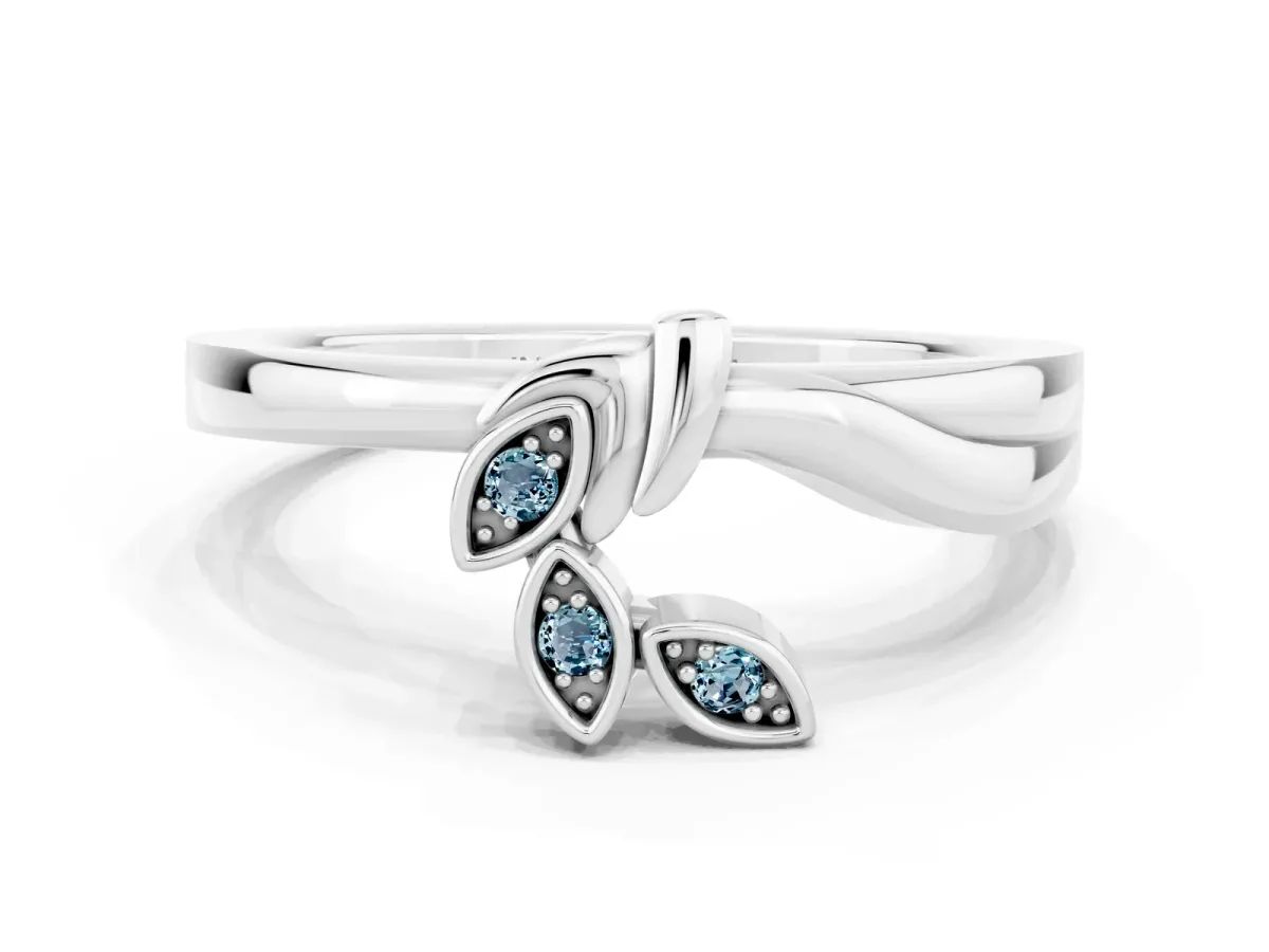 Three-Stone Round Aquamarine Leaf Bypass Ring with Bezel Setting White gold